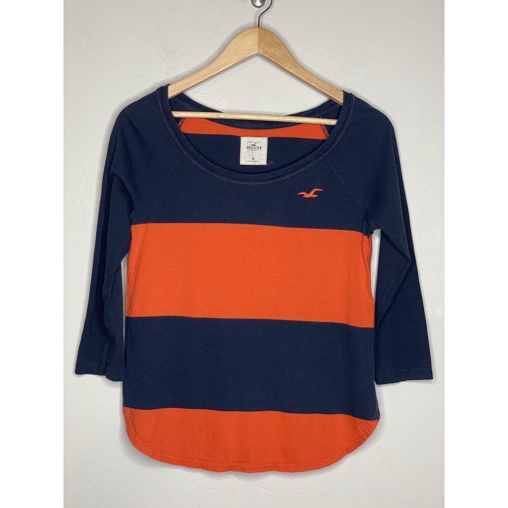 Hollister Vintage Y2K Henley Striped Orange Blue Top Long Sleeve Medium